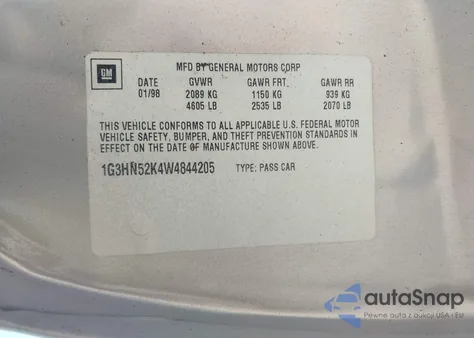 1998 Oldsmobile Eighty-Eight z USA, uszkodzony, nr VIN 1G3HN52K4W4844205